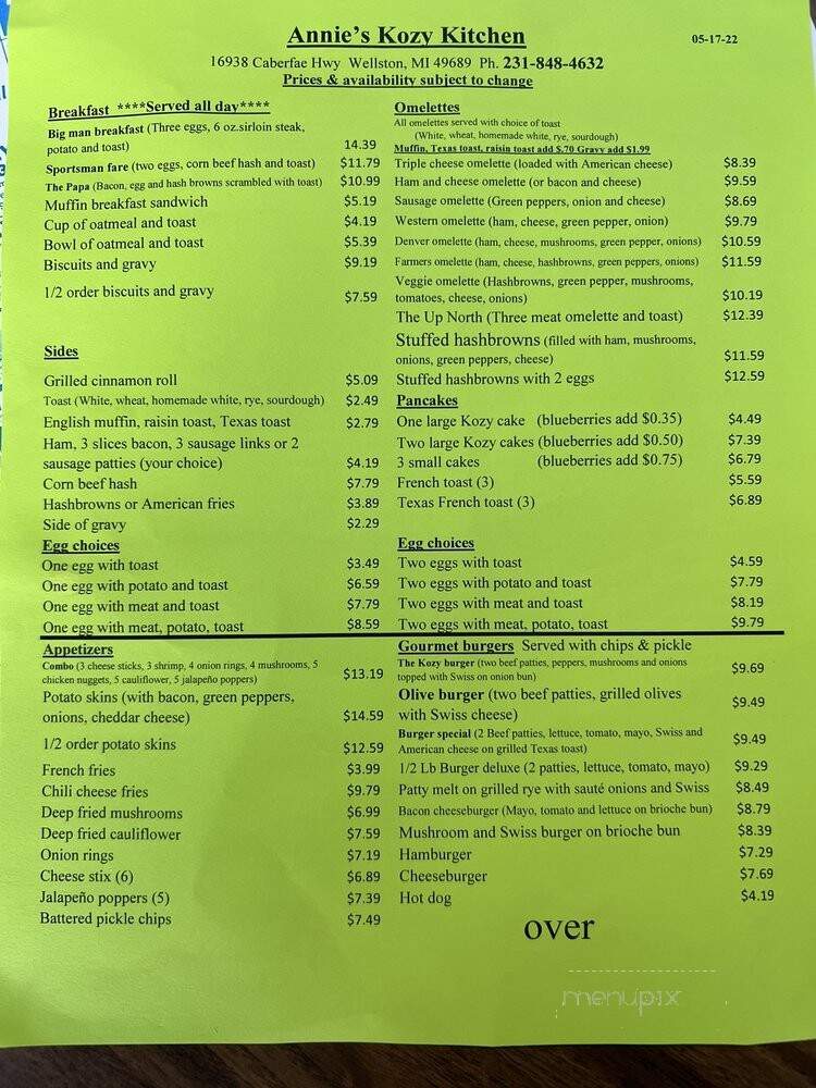 Kozy Kitchen - Wellston, MI menu_pic