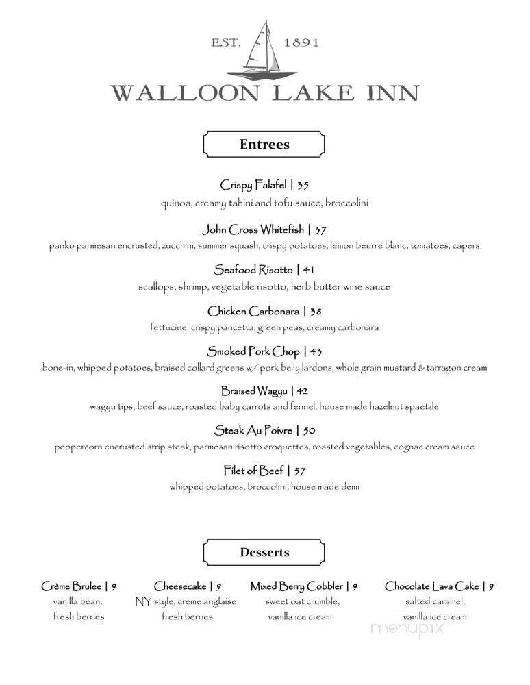 Walloon Lake Inn - Walloon Lake, MI menu_pic