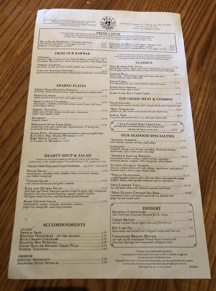 Real Seafood Co - Ann Arbor, MI menu_pic
