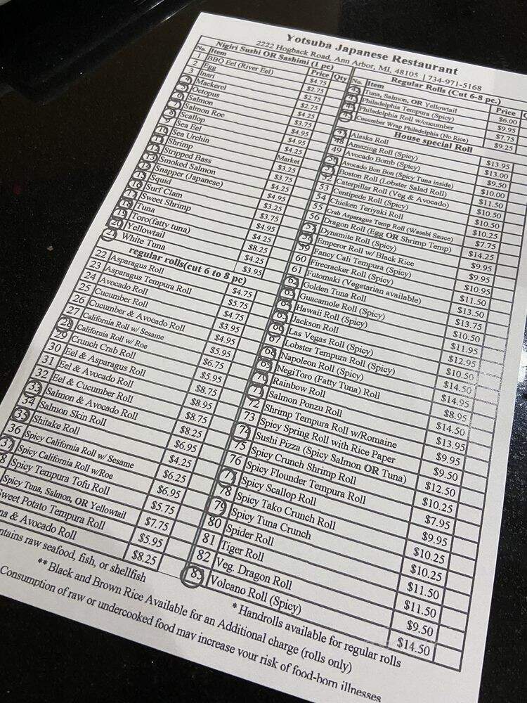 Yotsuba Japanese Restaurant - Ann Arbor, MI menu_pic