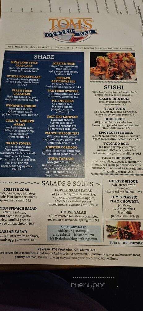 Tom's Oyster Bar - Royal Oak, MI menu_pic