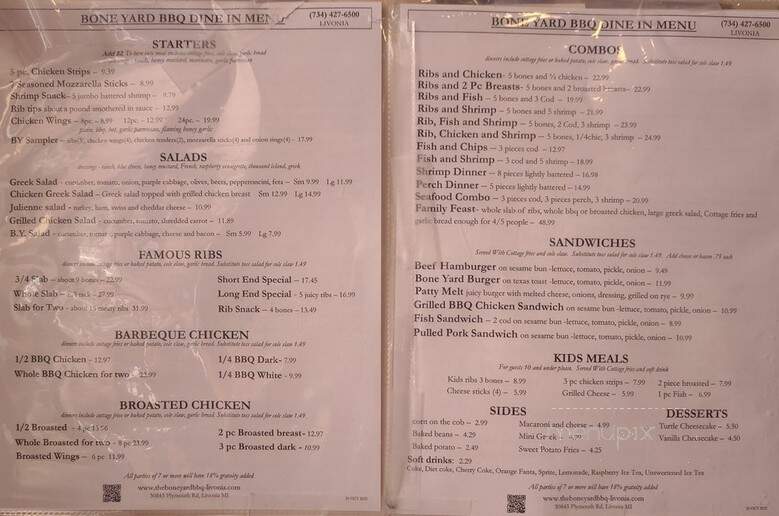 Menu of Boneyard Barbecue in Livonia, MI 48150