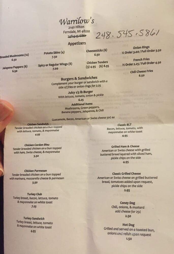Warrilow Bar - Ferndale, MI menu_pic