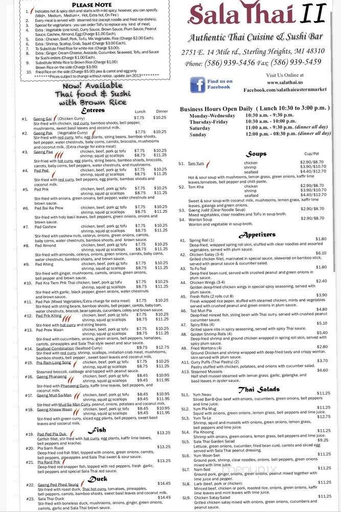 Sala Thai II - Sterling Heights, MI menu_pic