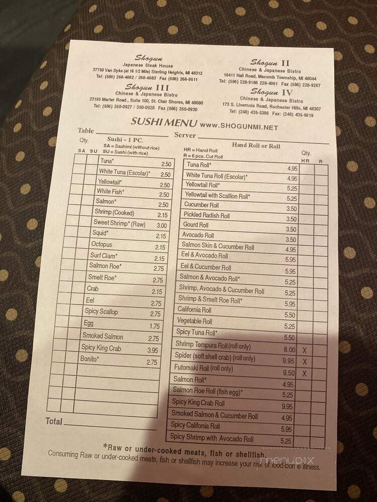Shogun Japanese Steakhouse - Sterling Heights, MI menu_pic