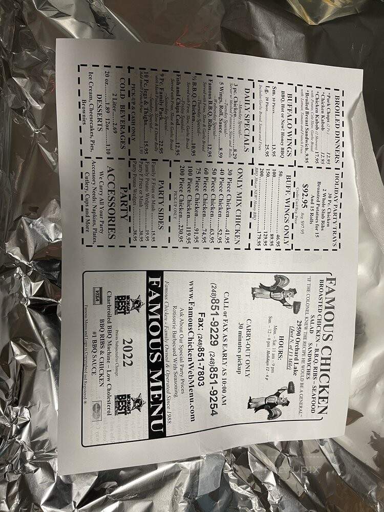 Famous Fried Chicken - Farmington Hills, MI menu_pic