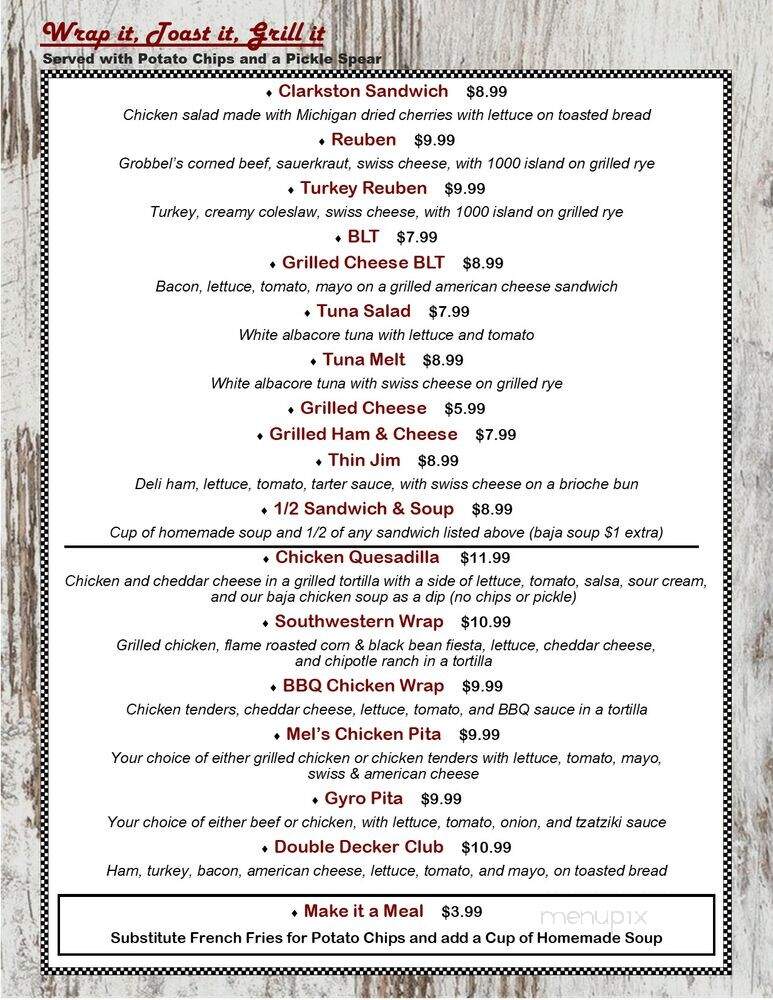 Mel's Grill 2 - Clarkston, MI menu_pic