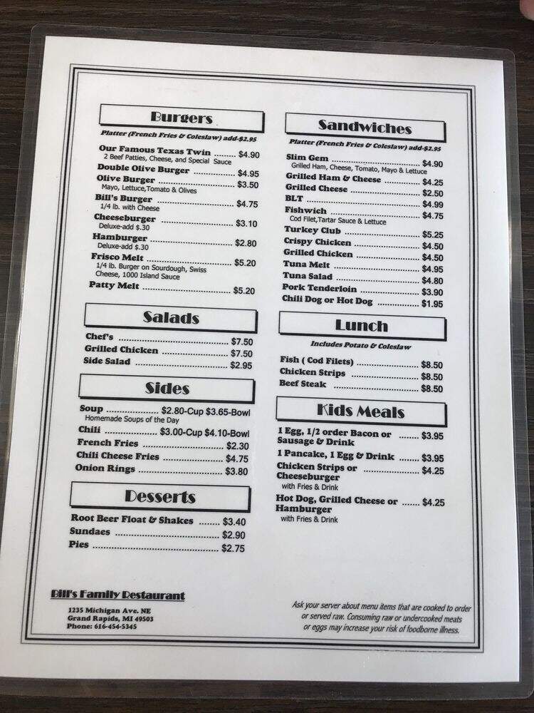 Bill's Family Restaurant - Grand Rapids, MI menu_pic