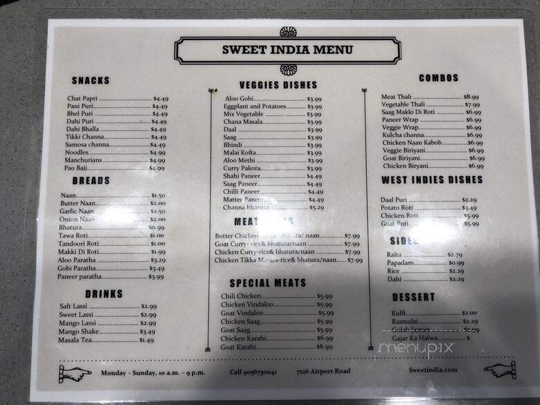 Sweet India Restaurant - Mississauga, ON menu_pic