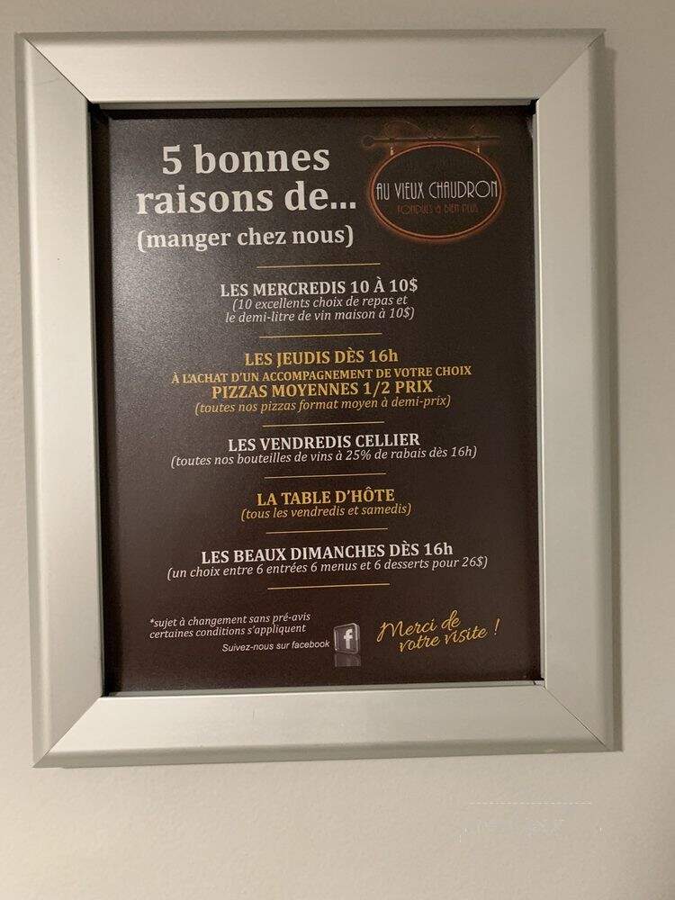 Restaurant Au Vieux Chaudron - Saint-Andre-Avellin, QC menu_pic