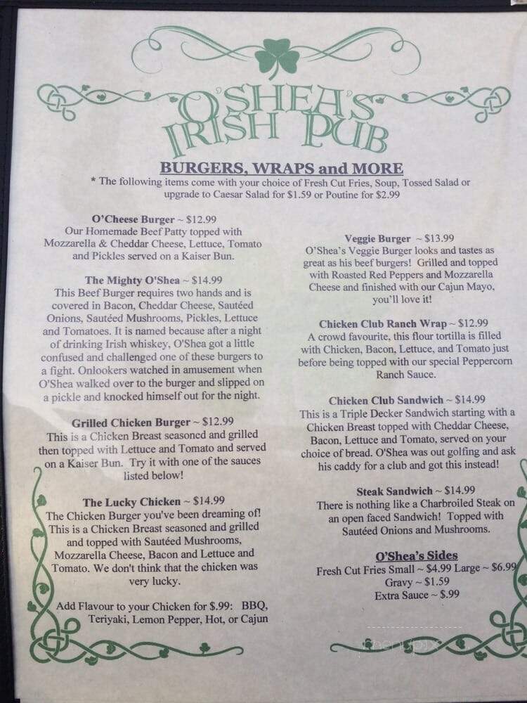 O'Shea's Irish Pub - Saskatoon, SK menu_pic