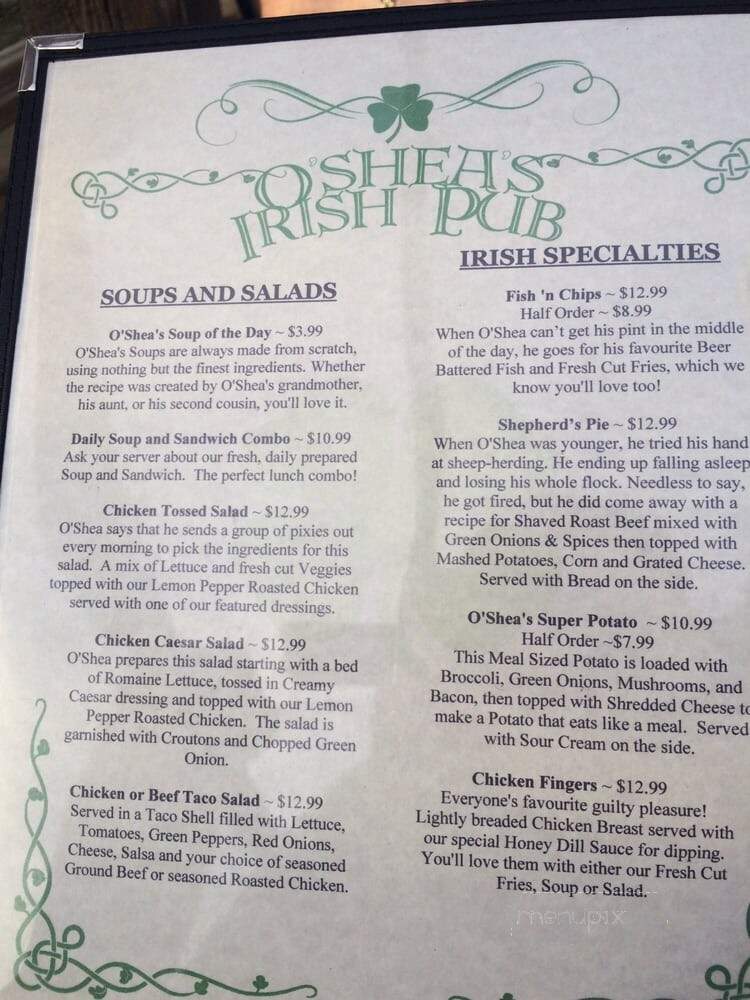 O'Shea's Irish Pub - Saskatoon, SK menu_pic