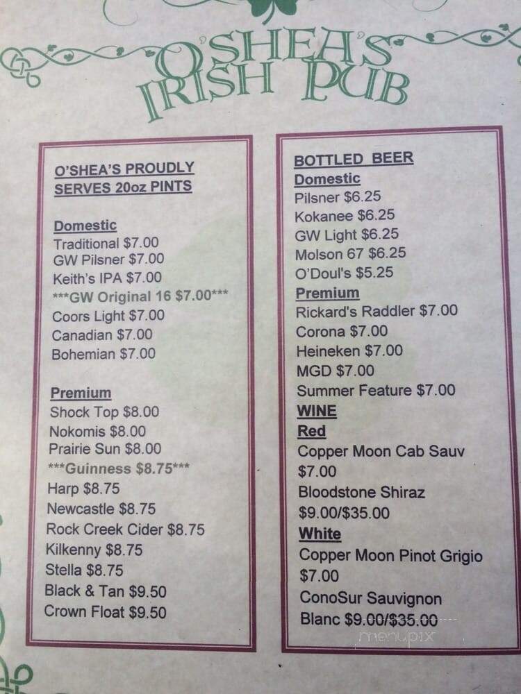 O'Shea's Irish Pub - Saskatoon, SK menu_pic