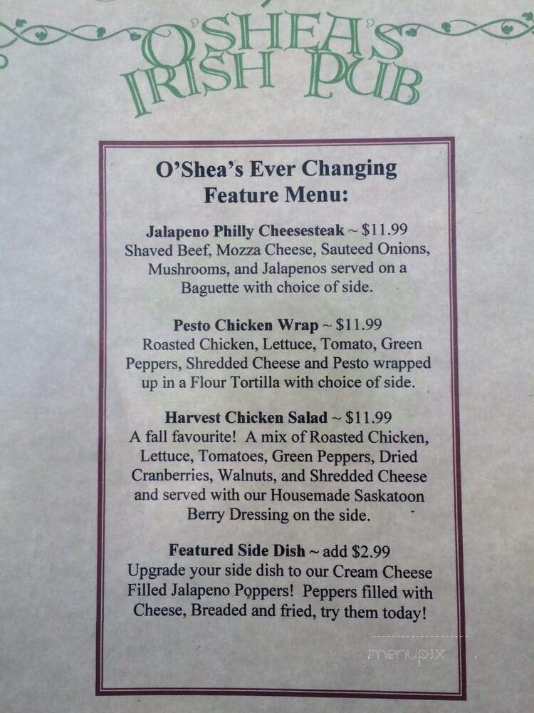 O'Shea's Irish Pub - Saskatoon, SK menu_pic