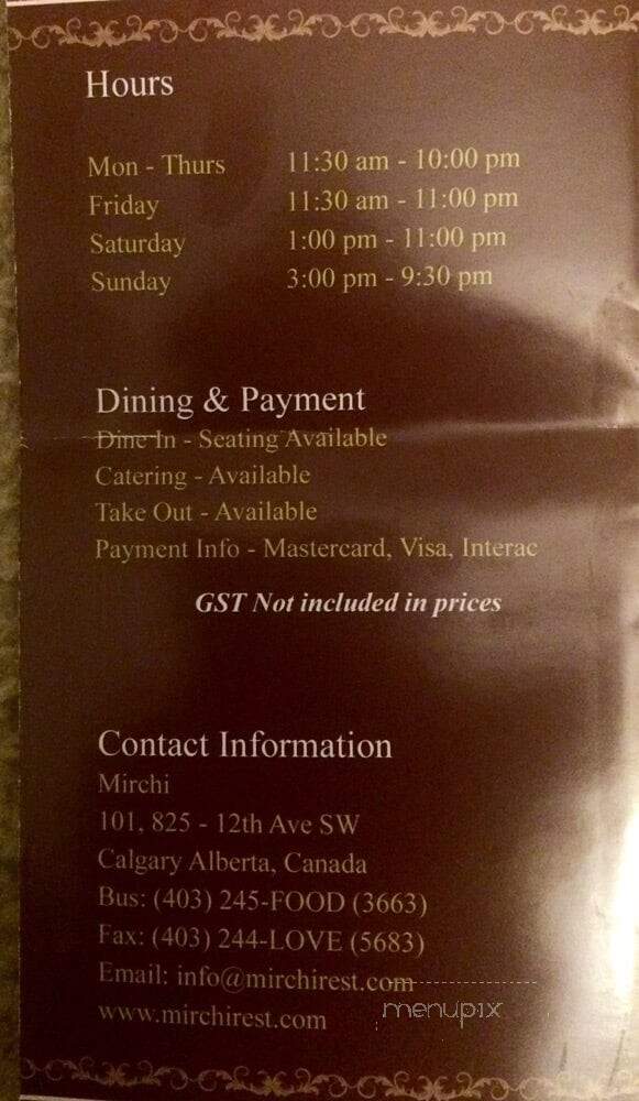 Mirchi Restaurant - Calgary, AB menu_pic