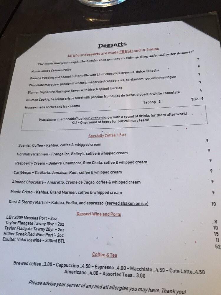 Blumen Garden Bistro - Prince Edward, ON menu_pic