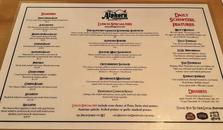 The Alphorn Restaurant - Collingwood, ON menu_pic