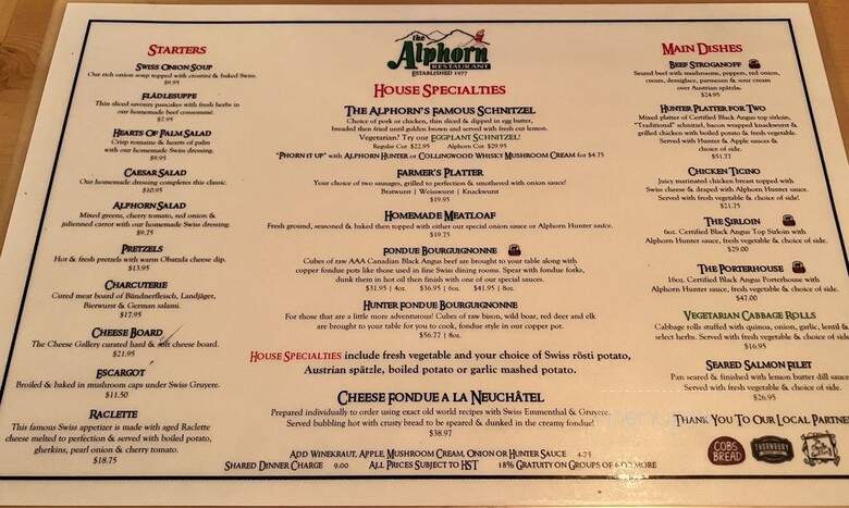 The Alphorn Restaurant - Collingwood, ON menu_pic