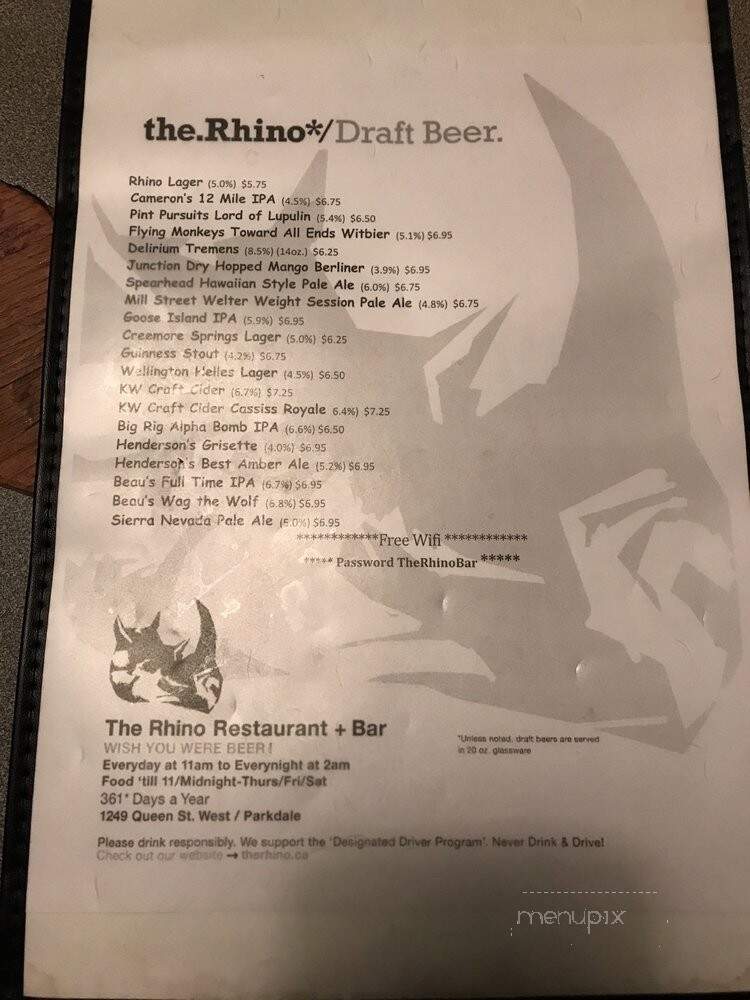 Rhino Bar & Grill - Toronto, ON menu_pic
