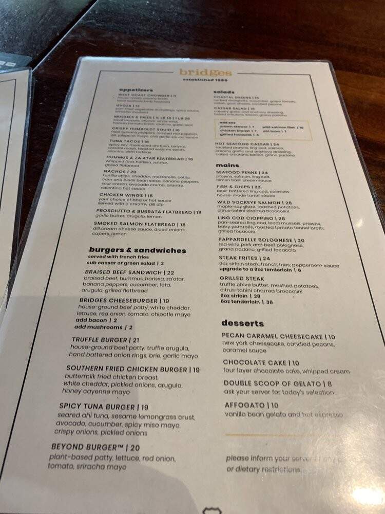 Bridges Seafood Restaurant - Vancouver, BC menu_pic
