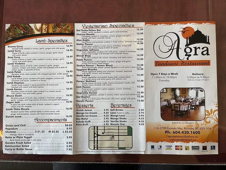 Agra Tandoori Restaurant - Burnaby, BC menu_pic