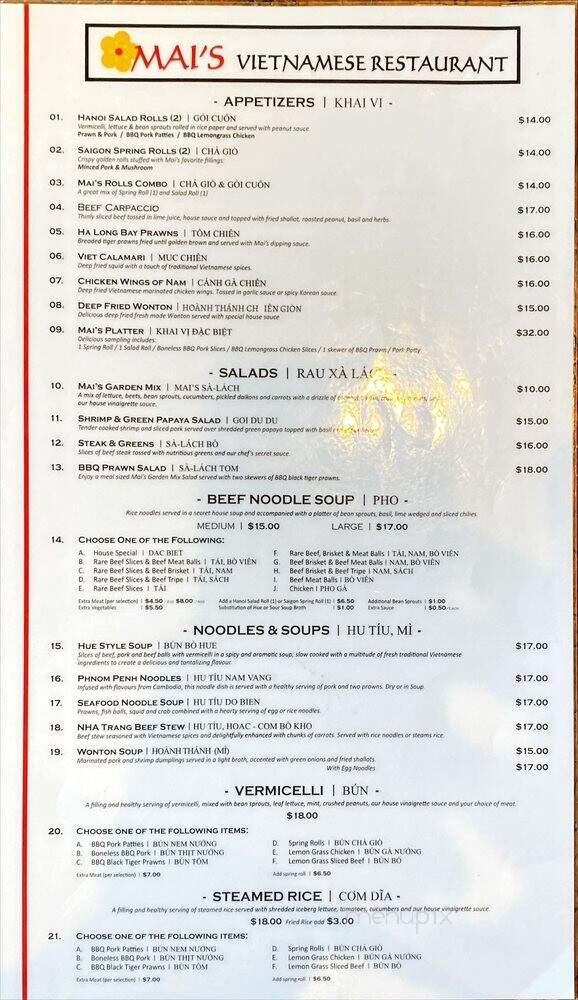 Mais Vietnamese Restaurant - Langley Twp, BC menu_pic