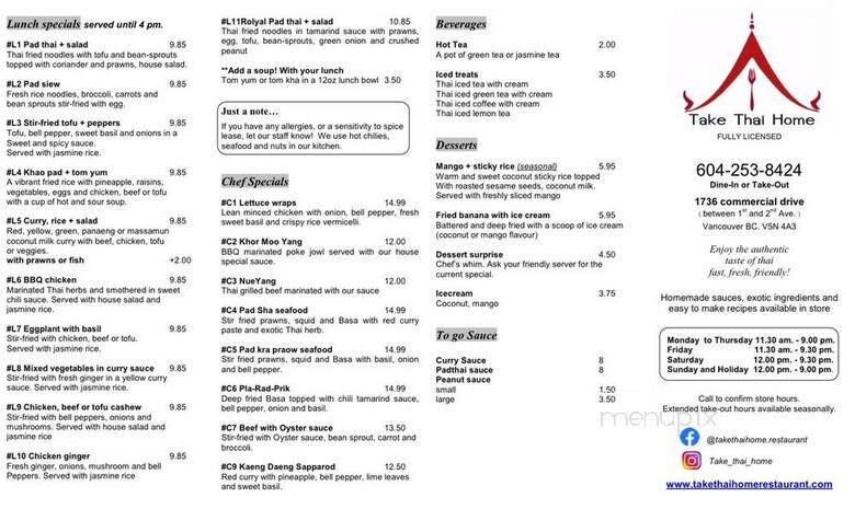 Take Thai Home Restaurants - Vancouver, BC menu_pic