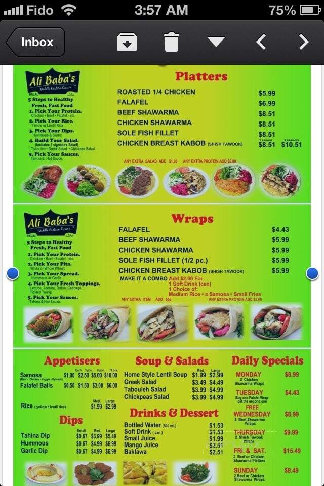 Ali Baba's Middle Eastern Cuisine - Toronto, ON menu_pic