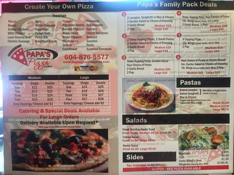 Papa's Gourmet Pizza - Vancouver, BC menu_pic