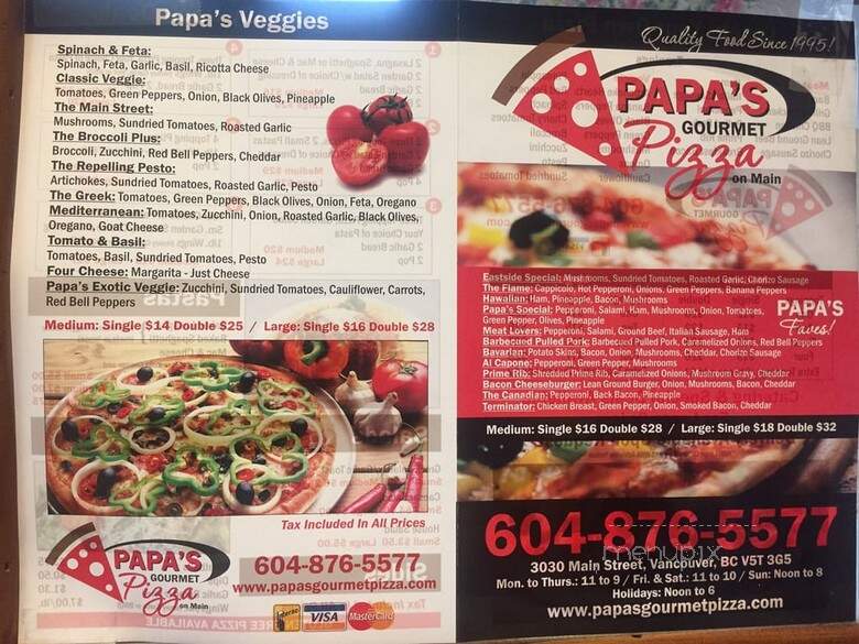 Papa's Gourmet Pizza - Vancouver, BC menu_pic
