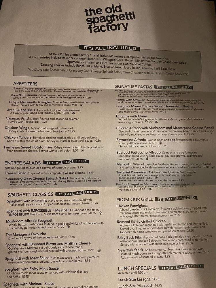 The Old Spaghetti Factory - Banff, AB menu_pic