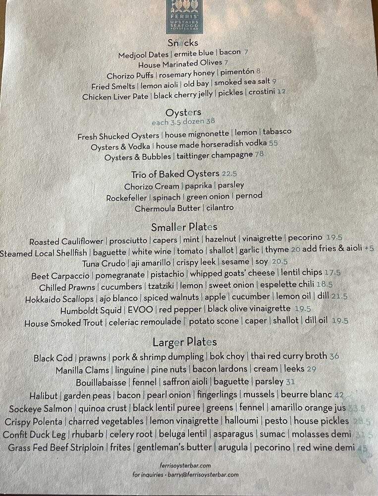 Ferris's Upstairs Oyster Bar - Victoria, BC menu_pic