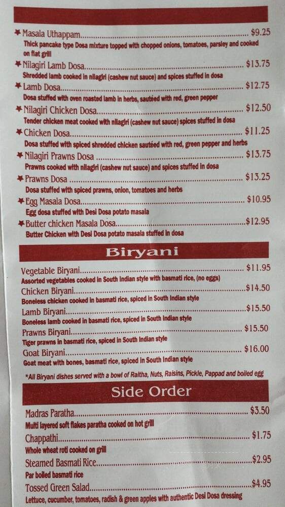 Desi Dosa Madras Restaurant - Delta, BC menu_pic