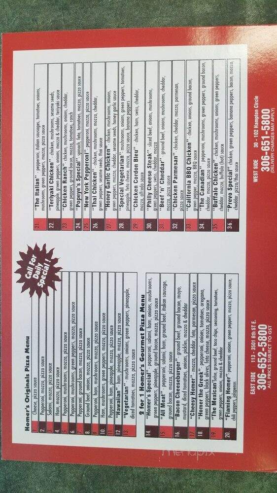 Homer's Pizza East Side - Saskatoon, SK menu_pic