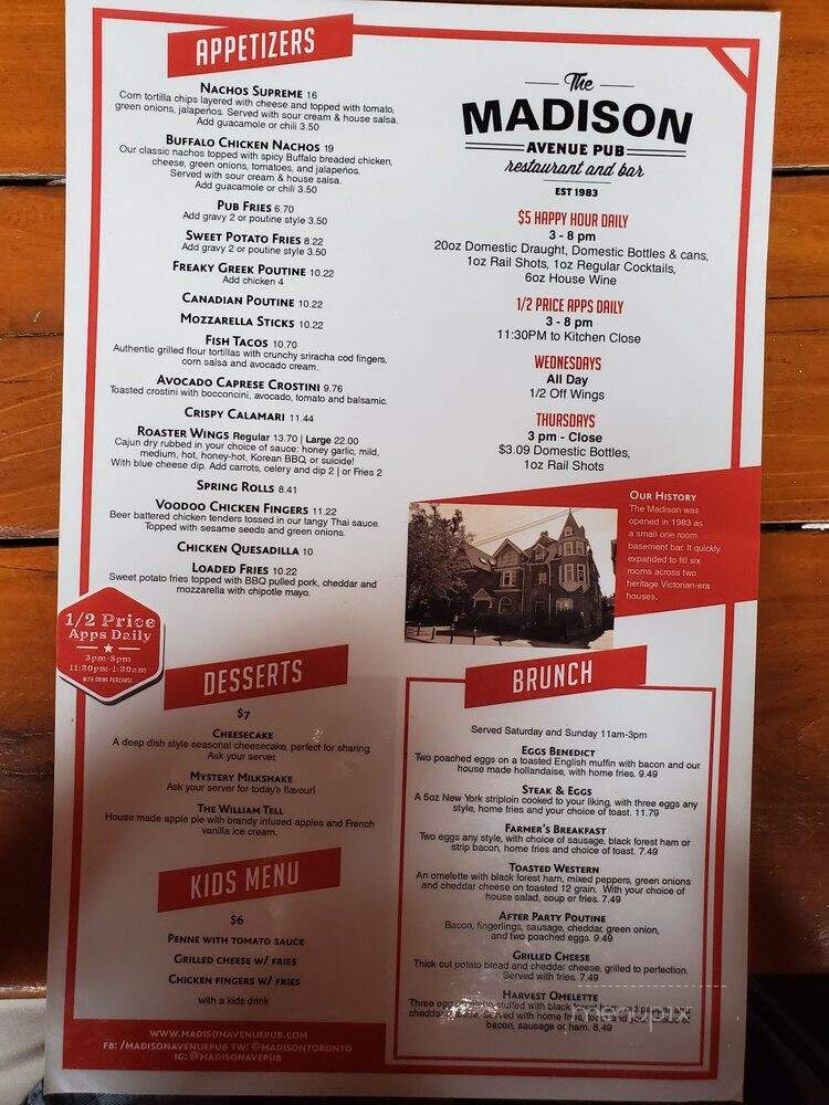 Madison Ave Pub & Restaurant - Toronto, ON menu_pic