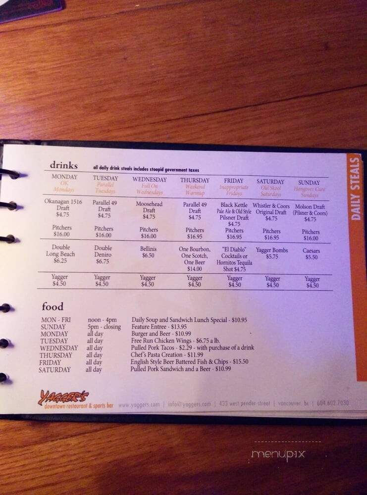 Yagger's Downtown Restaurant - Vancouver, BC menu_pic