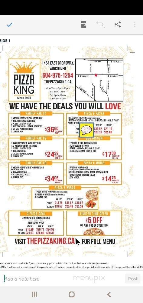 The Pizza King - Vancouver, BC menu_pic