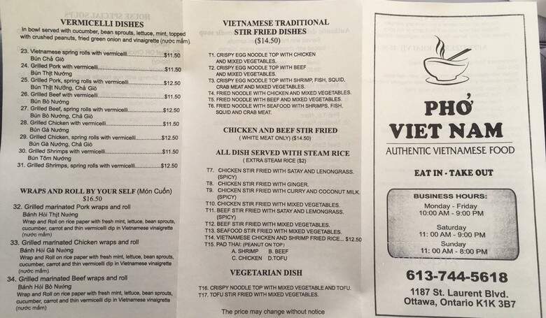 Pho Vietnam - Ottawa, ON menu_pic