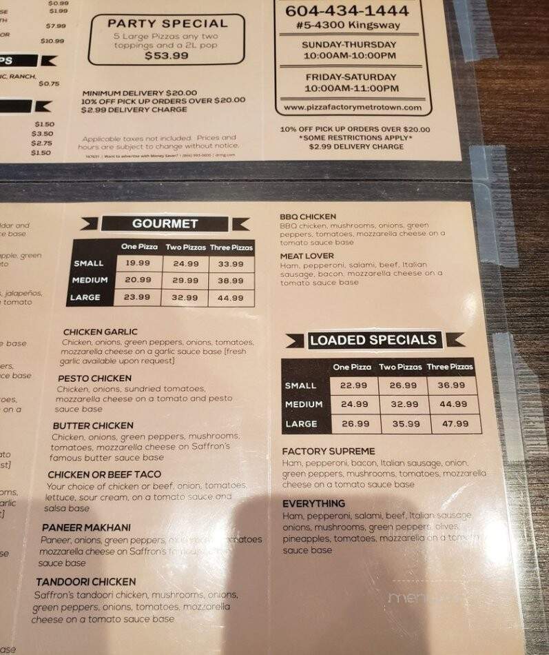 Pizza Factory - Burnaby, BC menu_pic