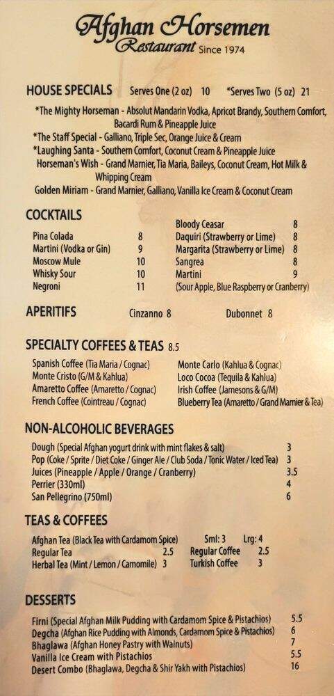 Afghan Horsemen Restaurant - Vancouver, BC menu_pic
