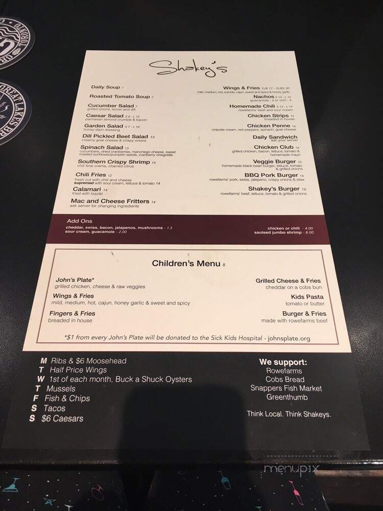 Shakeys Original Bar and Grill Inc - Toronto, ON menu_pic