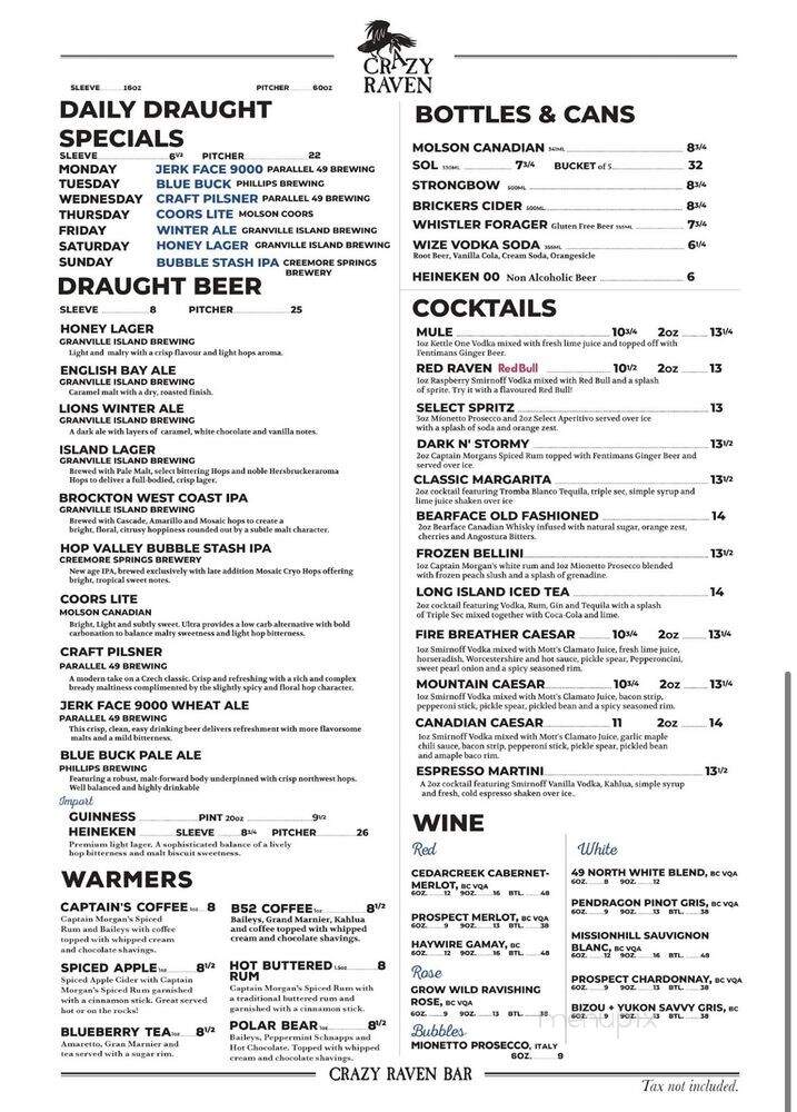 Crazy Raven Bar and Grill - West Vancouver, BC menu_pic