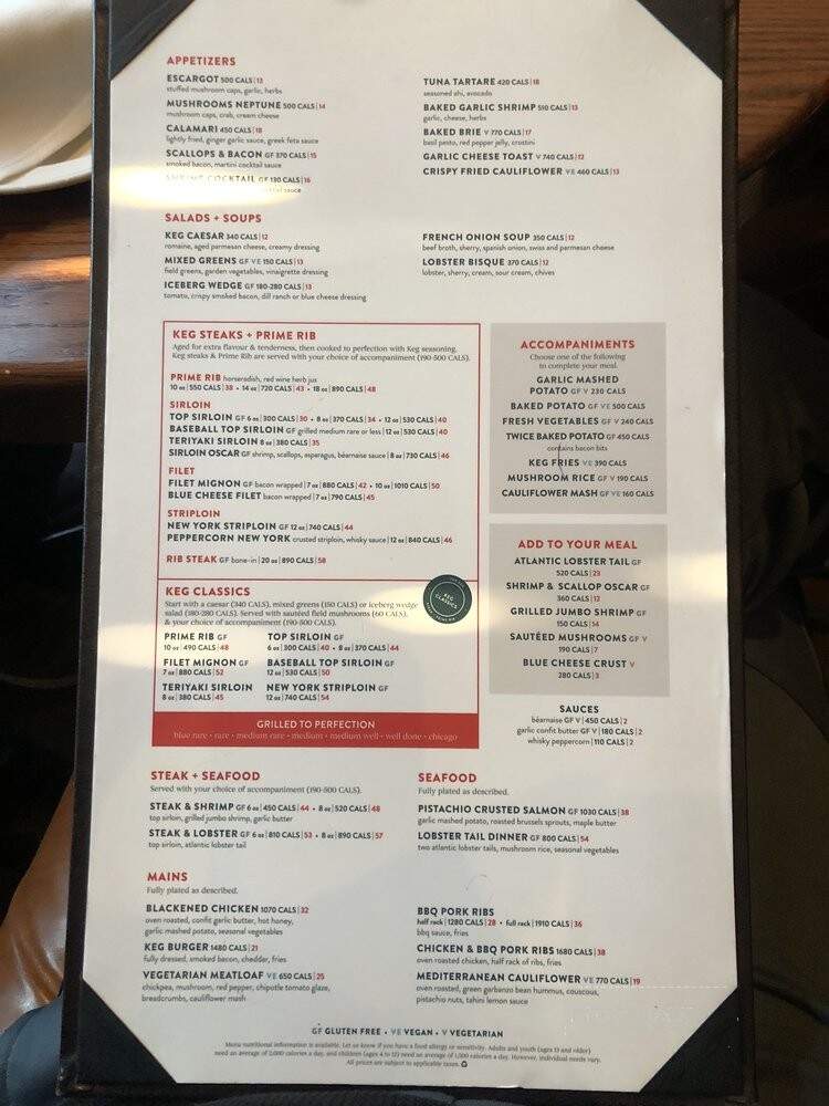 Keg Steakhouse & Bar - Burlington, ON menu_pic