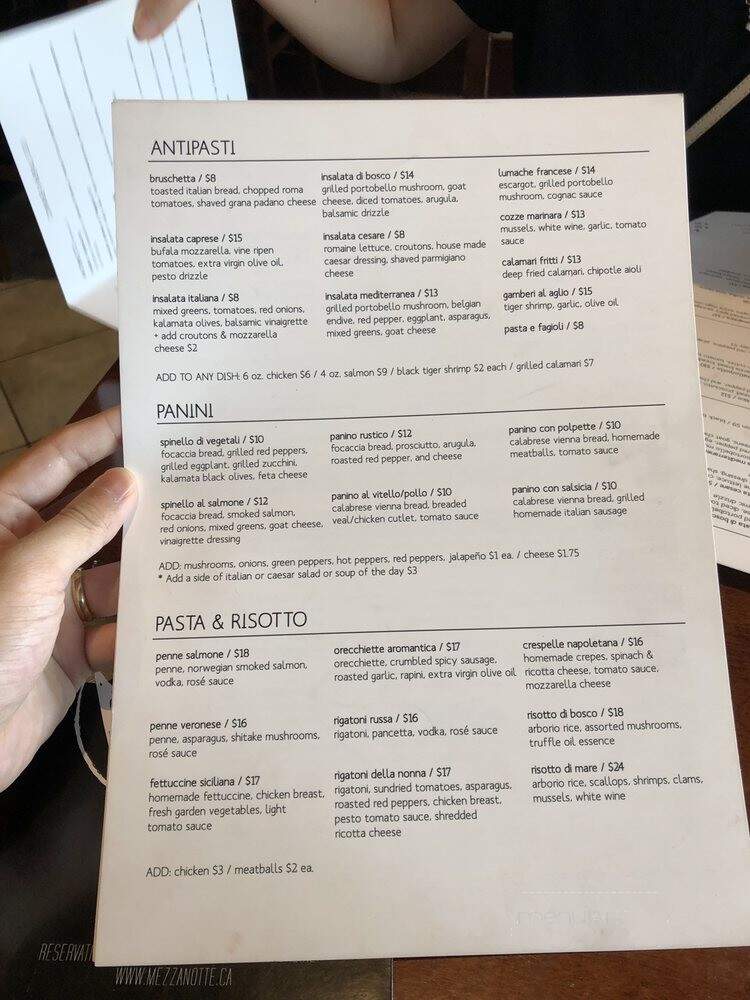 Mezza Notte Trattoria - Toronto, ON menu_pic