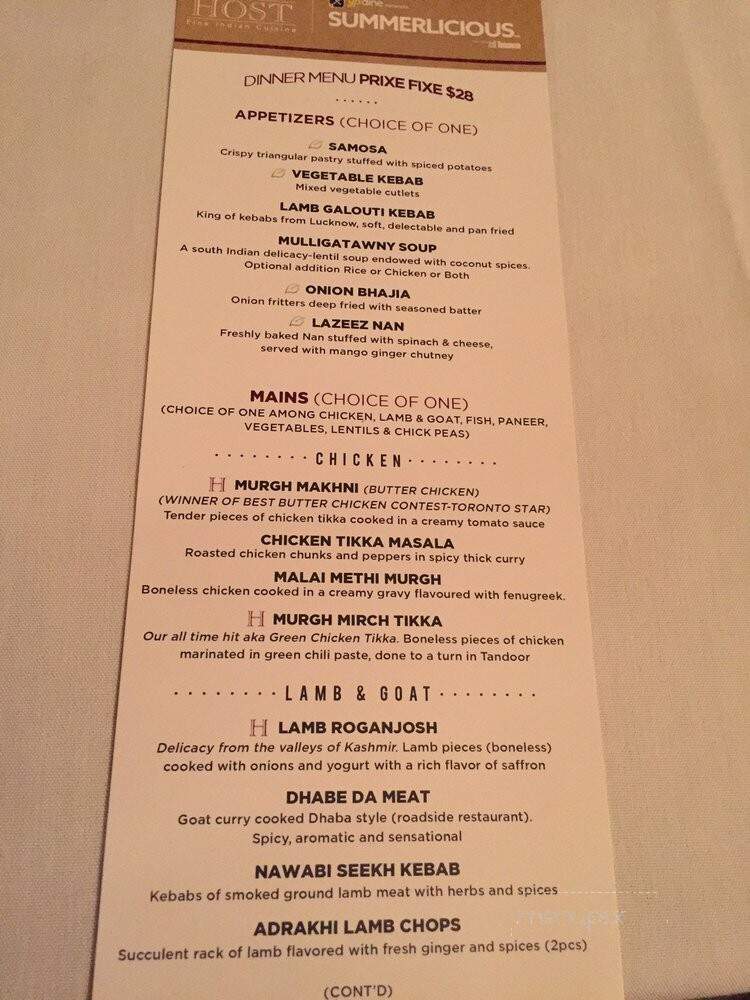 The Host Fine Indian Cuisine - Toronto, ON menu_pic