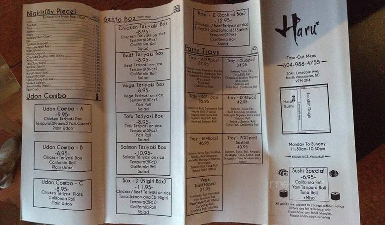 Haru Sushi - North Vancouver, BC menu_pic