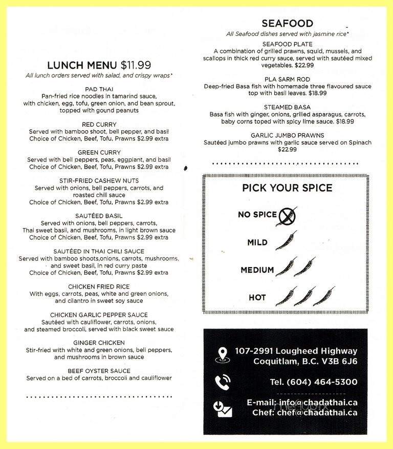 Chada Thai Fine Cuisine - Coquitlam, BC menu_pic