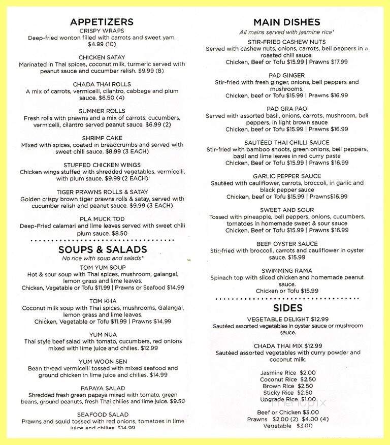 Chada Thai Fine Cuisine - Coquitlam, BC menu_pic