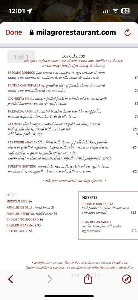 Milagro Restaurant And Cantina Inc - Toronto, ON menu_pic
