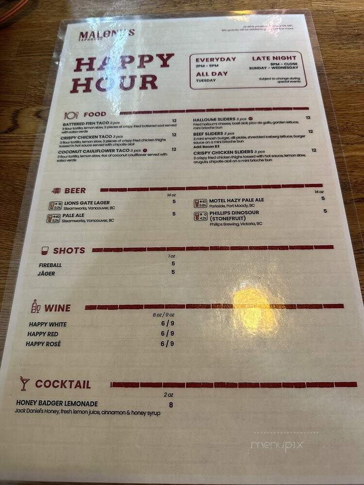 Malones Bar & Grill Downtown - Vancouver, BC menu_pic
